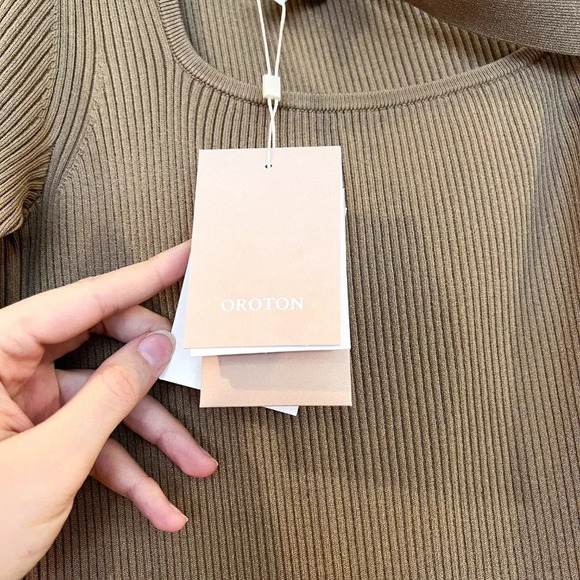 Oroton Tan One Sleeve Asymmetric Knit Stretchy Designer Midi Dress Medium NWT - Picture 5 of 10